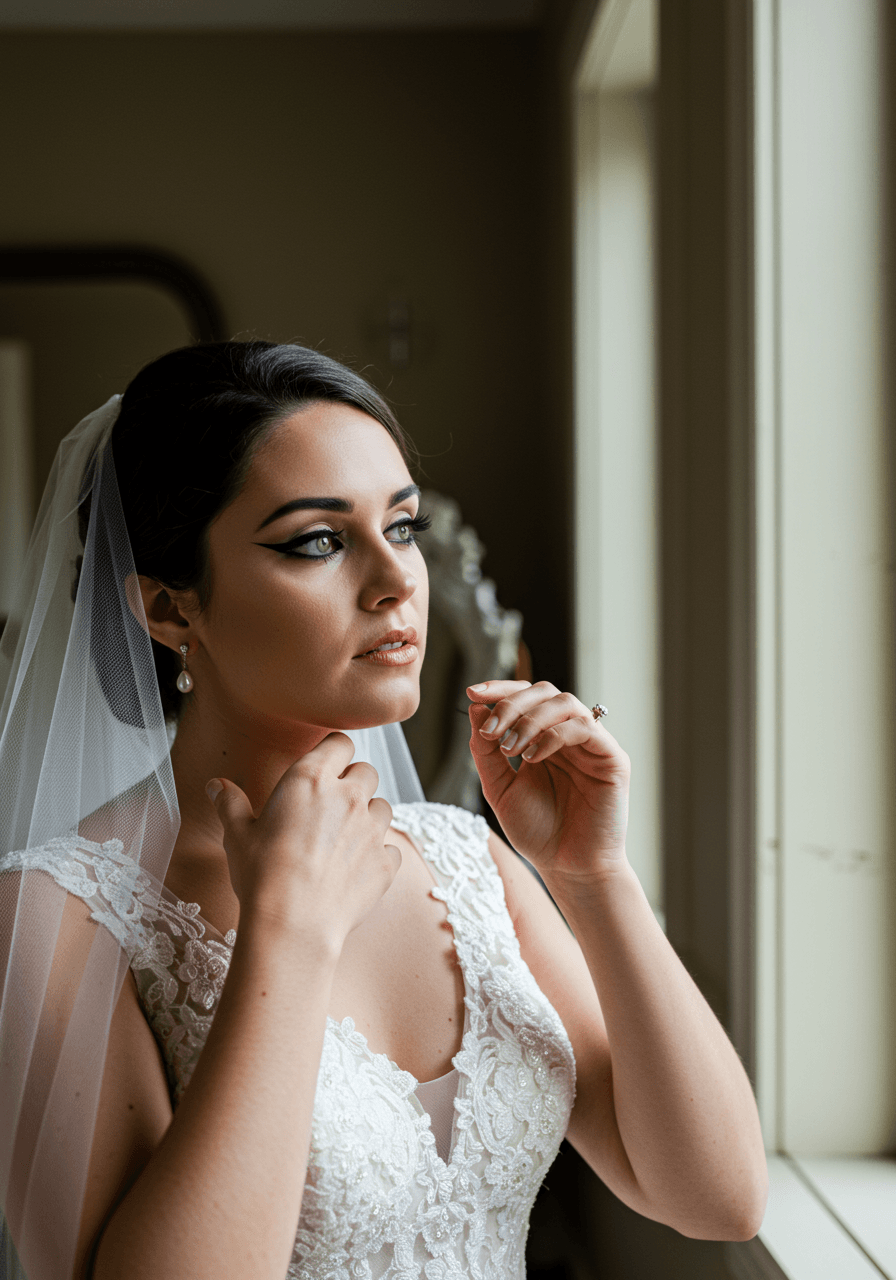 Bride with bold black eyeliner gazing through flowing white wedding veil