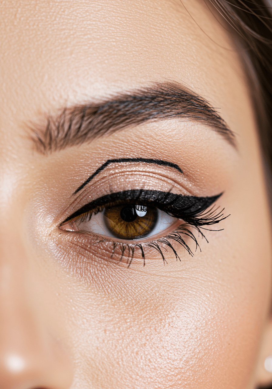 Close-up detail of perfectly applied black winged eyeliner with geometric precision
