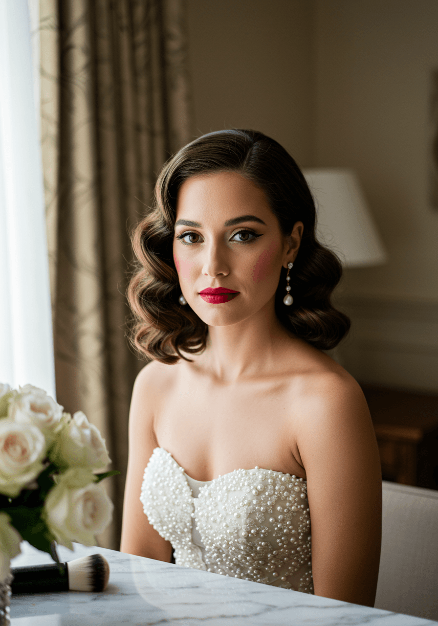 Bride with flawless red lipstick and romantic curls gazing at camera at white marble vanity