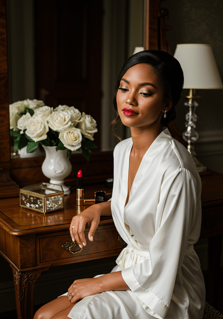 Bride with luminous skin and classic red lipstick seated at elegant wooden vanity table
