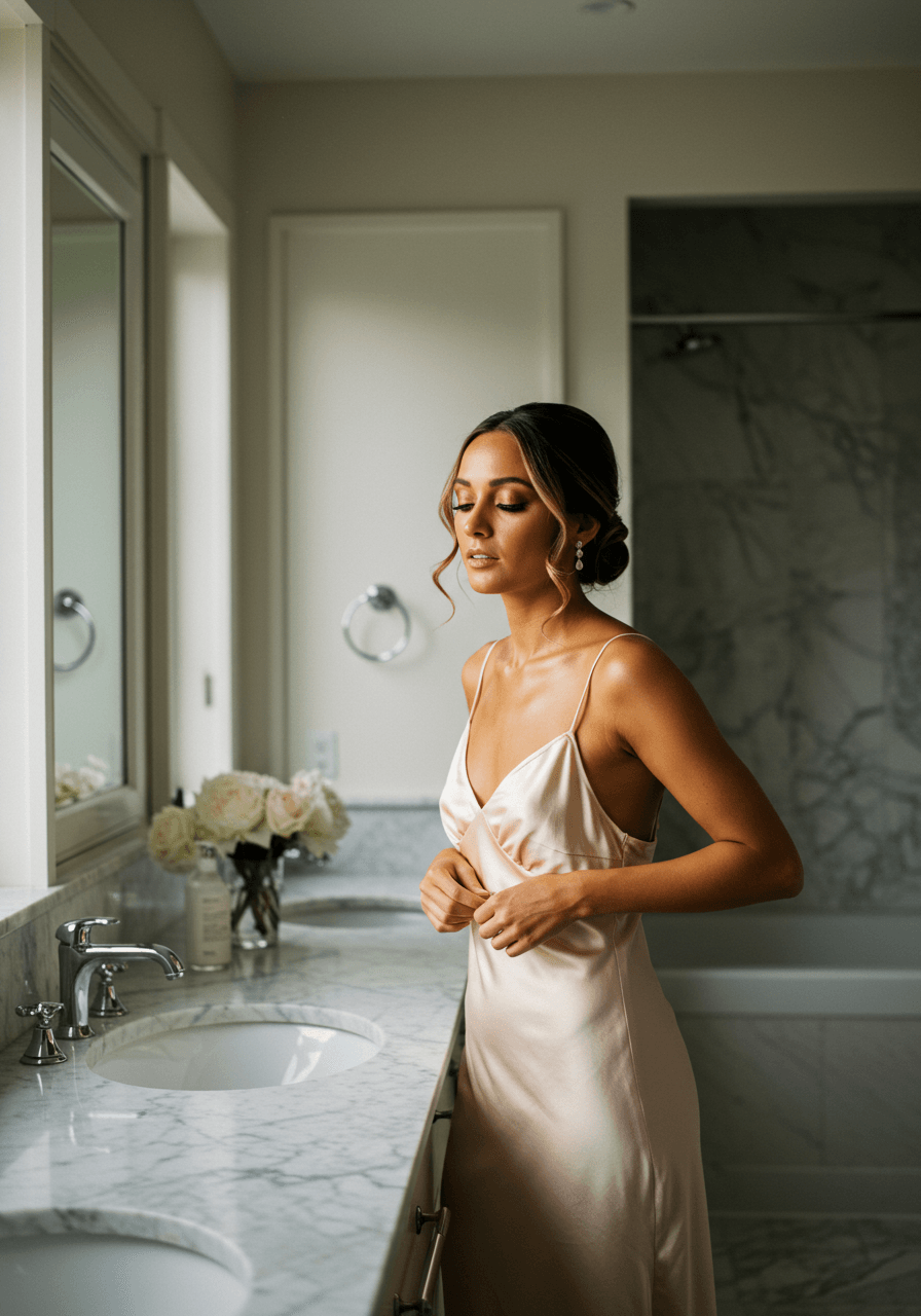 Bride in champagne dress showcasing shimmering bronze makeup in marble bathroom setting