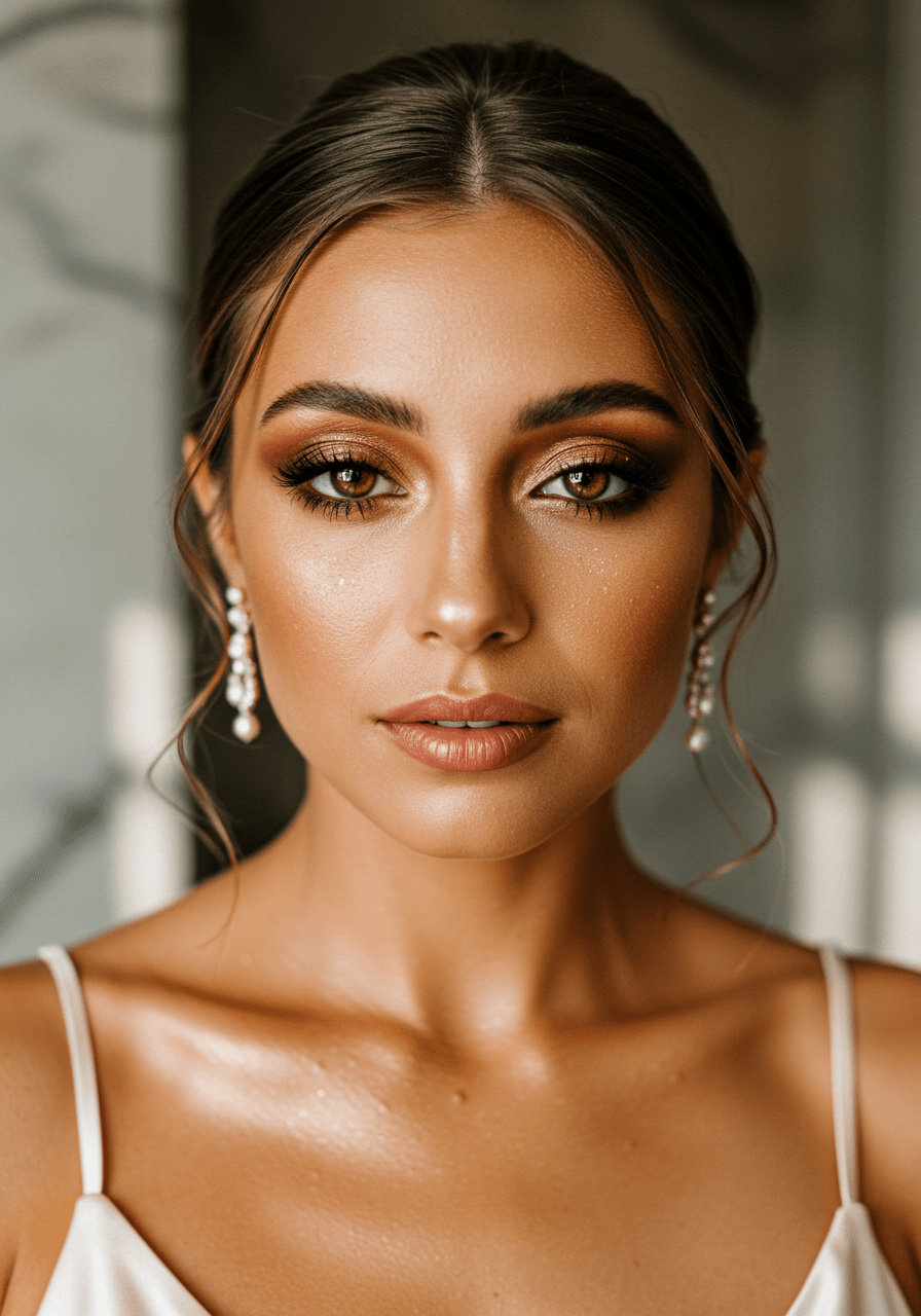 Close-up of bride's bronzed makeup with golden highlights and warm brown smoky eyes