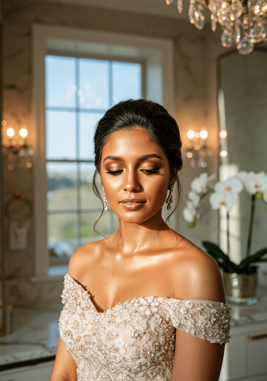 Bride with radiant bronzed makeup featuring copper eyeshadow in luxurious marble bathroom