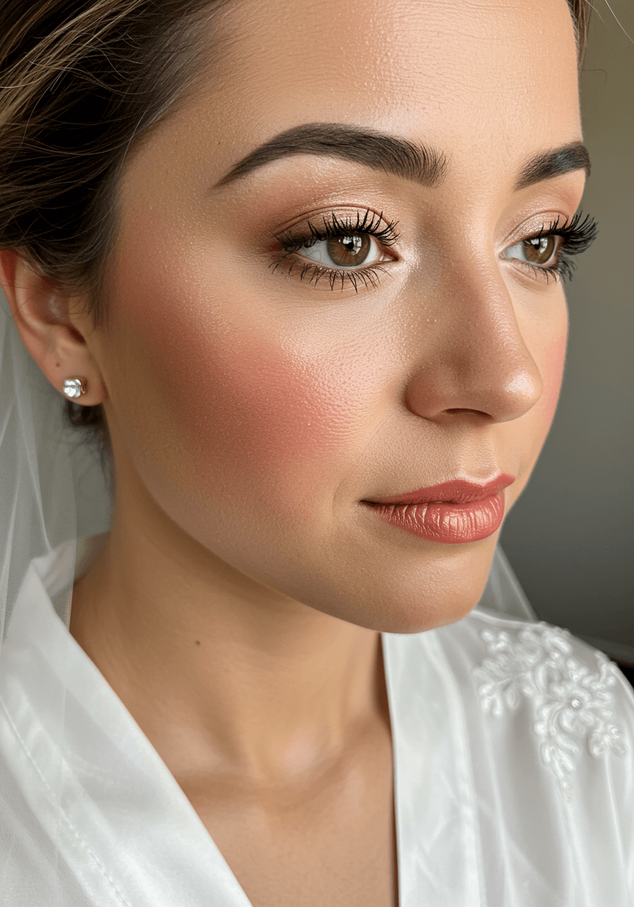 Close-up of bride's face showing perfectly dewy makeup with natural glow through sheer veil