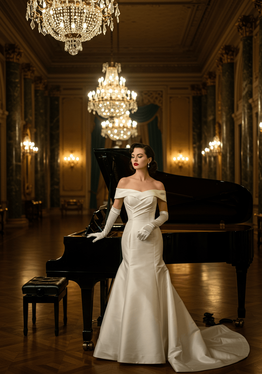 Bride in vintage Hollywood gown with bold red lipstick standing beside grand piano in opulent ballroom