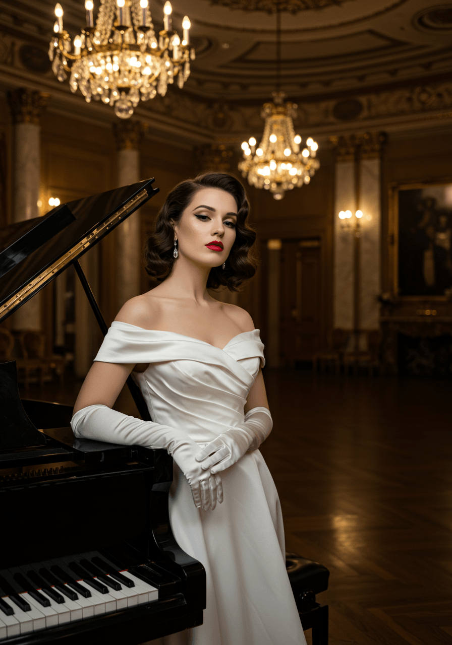 Elegant bride with classic red lips posing gracefully next to black lacquered piano