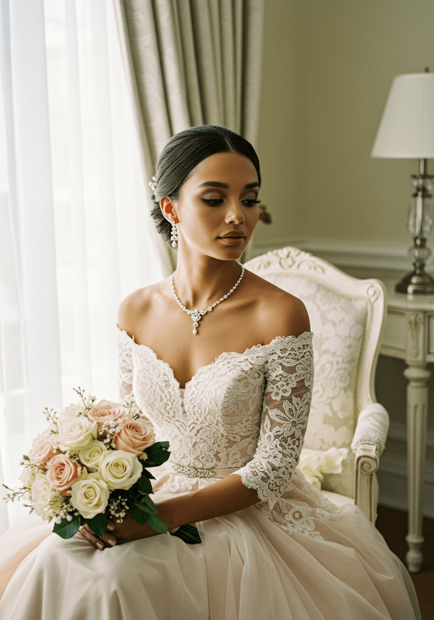 Bride with elegant nude lip makeup and natural glowing skin in golden hour light
