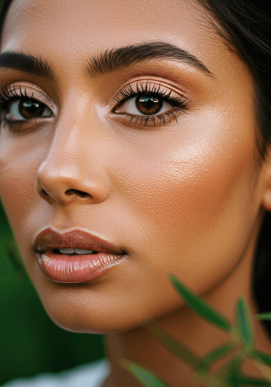 Close-up of bride's naturally glowing complexion with minimal peachy makeup in garden setting