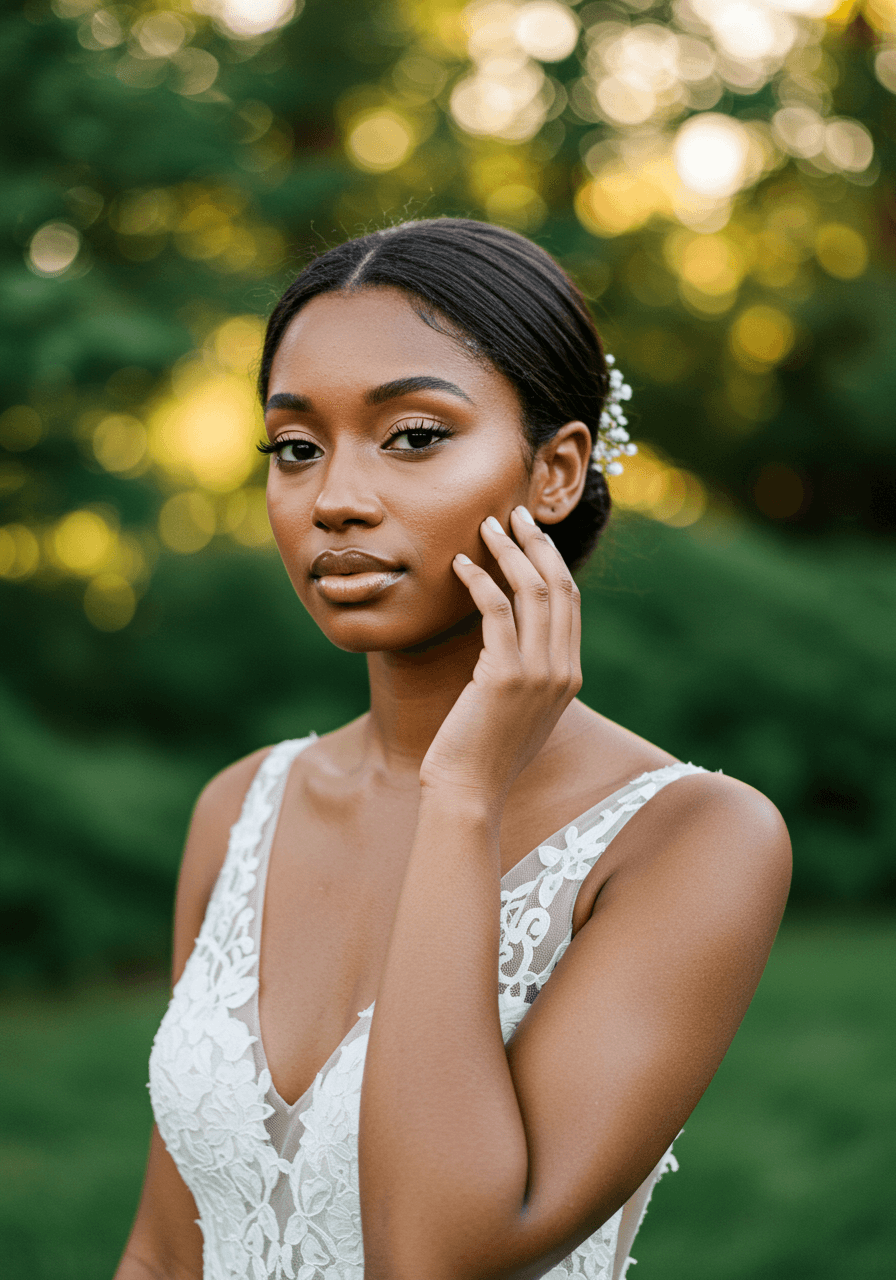 Bride with fresh natural makeup glowing in golden hour garden lighting