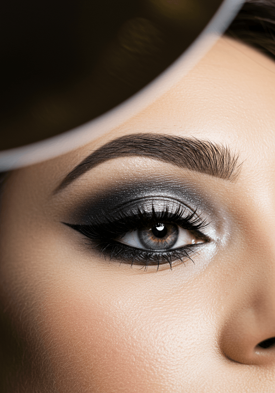 Close-up of bride's eye featuring gradient charcoal eyeshadow with perfect blending technique