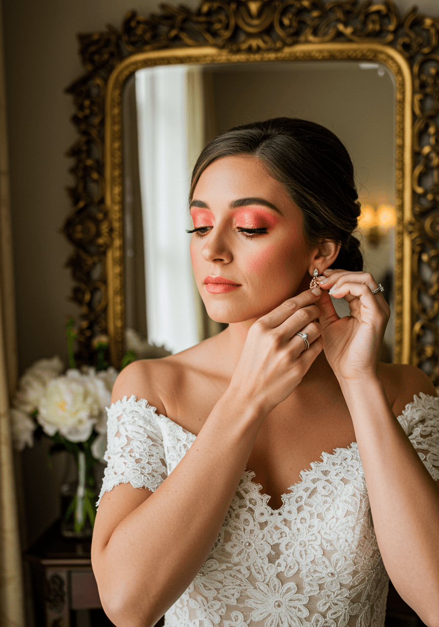 Elegant bride with coral lip color and warm eyeshadow tones reflected in vintage mirror