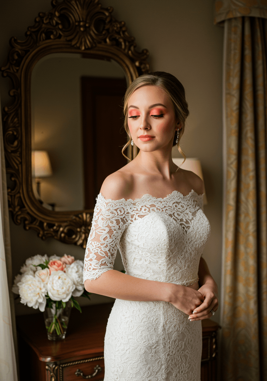 Bride in off-shoulder lace dress with peachy coral makeup standing before ornate mirror