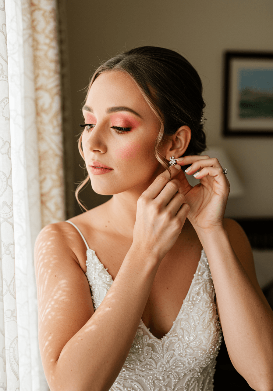 Bride adjusting earring while showcasing warm coral bridal makeup palette