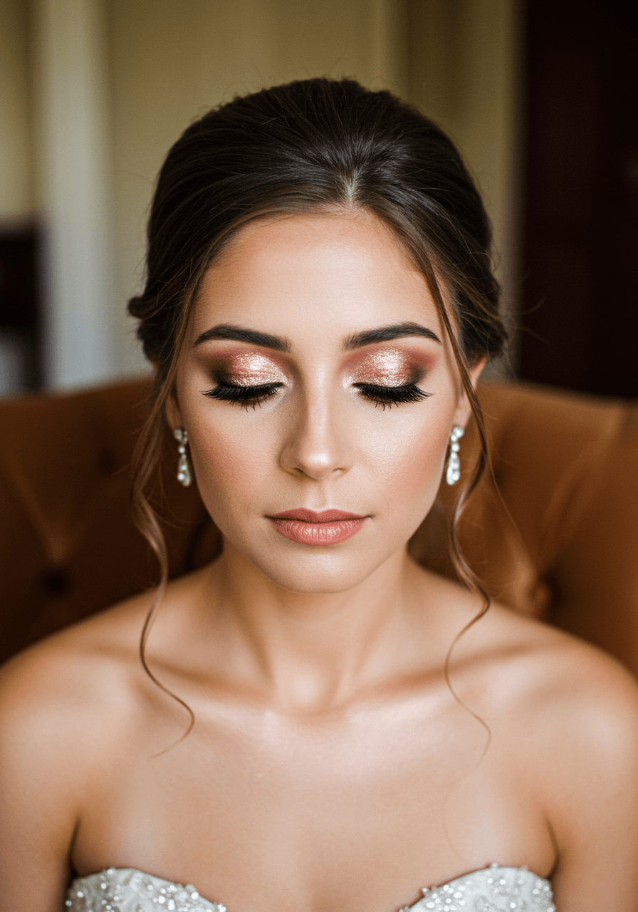 Bride with champagne rose gold shimmer eyeshadow sitting gracefully on velvet tufted chair