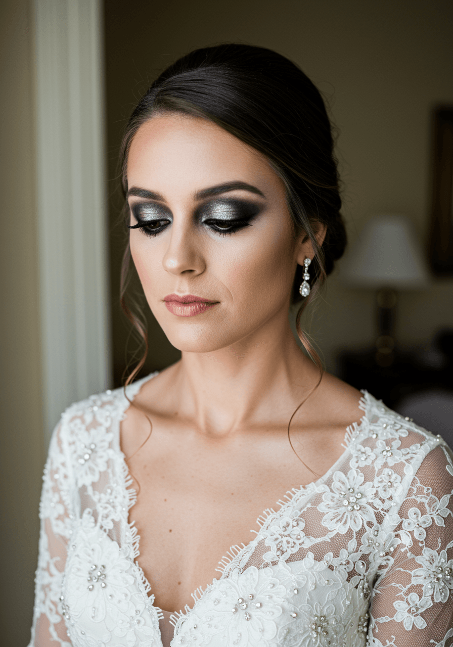 Bride with dramatic smoky eye makeup in charcoal and deep plum tones in elegant bridal suite