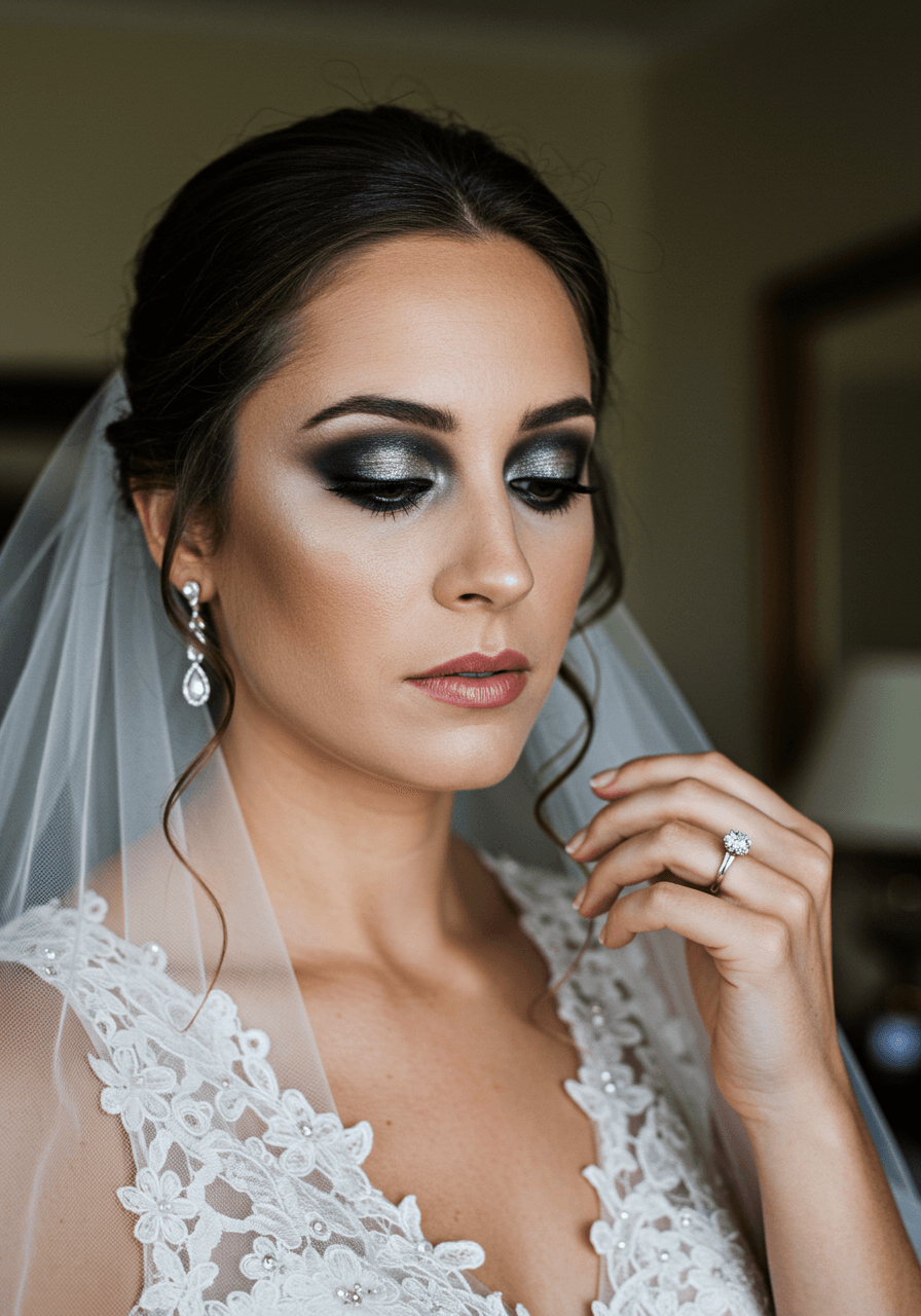 Bride adjusting veil while showcasing classic smoky eye bridal makeup look