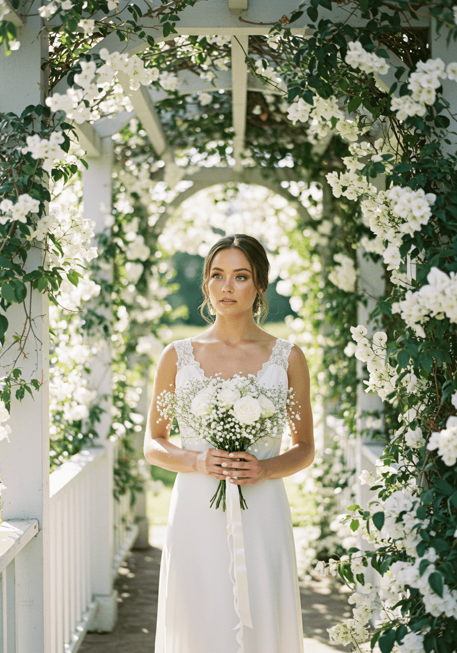 Bride with natural barely-there makeup standing in sunlit garden pavilion with white flowering vines