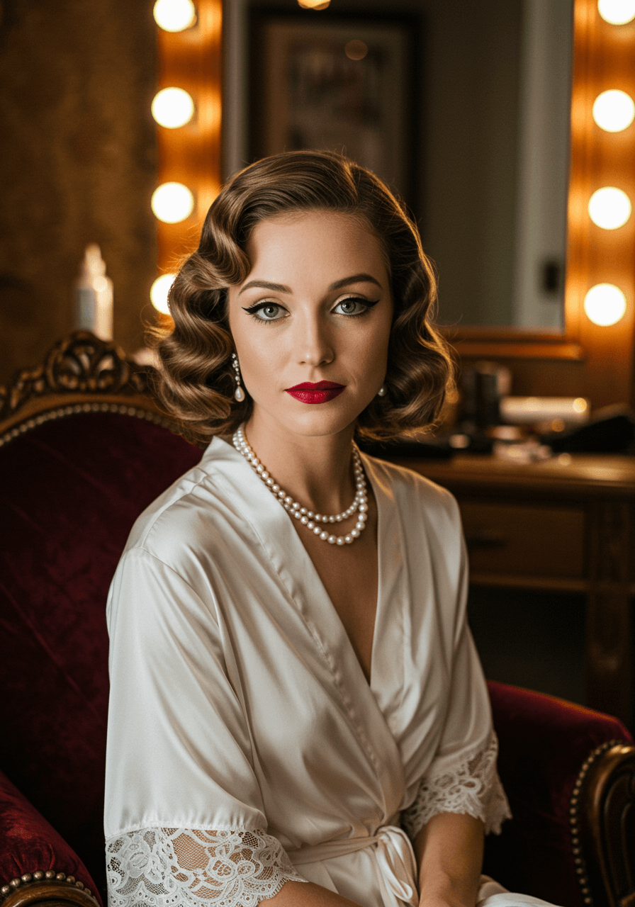 Classic vintage Hollywood bride portrait with dramatic makeup and finger waves
