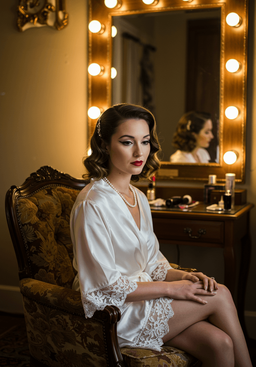 Bride with vintage Hollywood glamour makeup featuring winged eyeliner and red lips in velvet chair