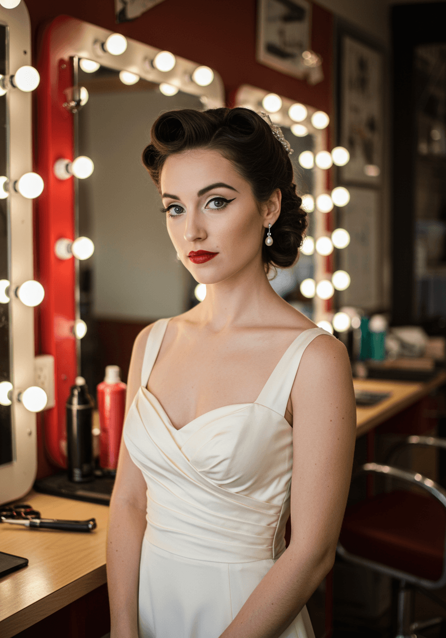 Bride with vintage pin-up makeup featuring bold winged eyeliner and red lips in retro beauty salon