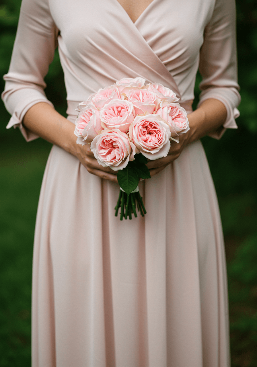 Detail shot of blush garden rose bouquet against flowing satin-back crepe dress fabric in soft natural light