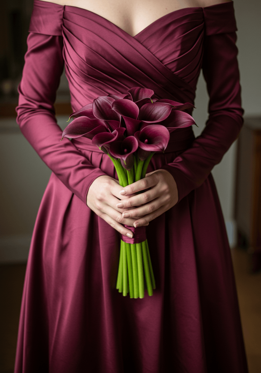High angle detail shot of burgundy calla lily bouquet against wine-coloured liquid satin bridesmaid dress with ribbon detail