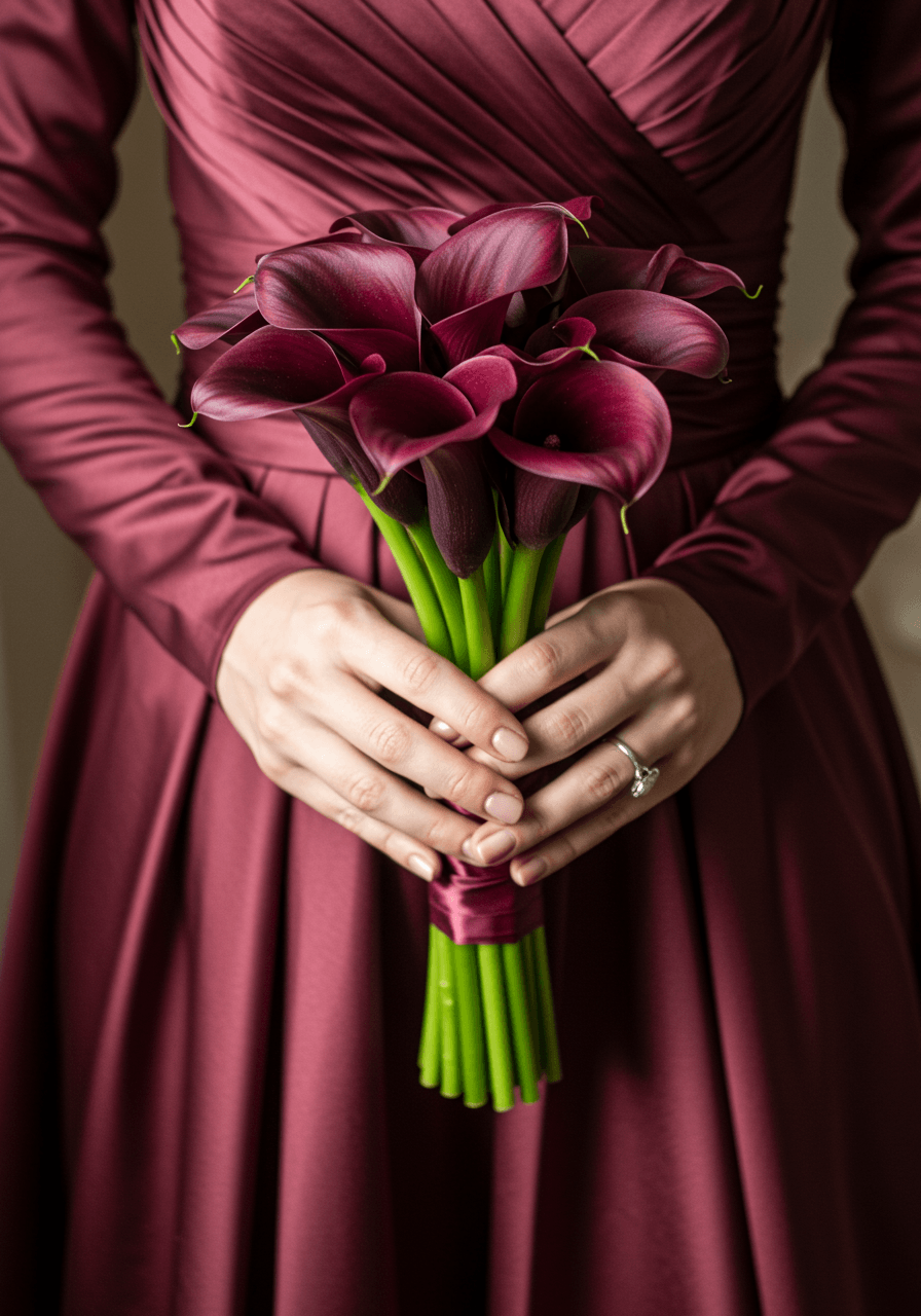 Close-up of hands in wine liquid satin sleeves holding burgundy calla lily bouquet against flowing dress fabric in bridal suite