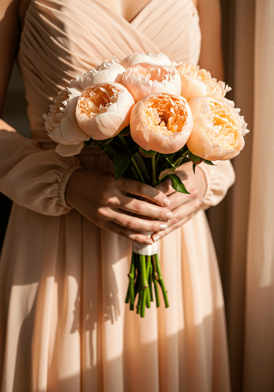 Close-up of hands in soft peach silk organza sleeves holding arranged peach peony bouquet against dress fabric in morning golden hour light