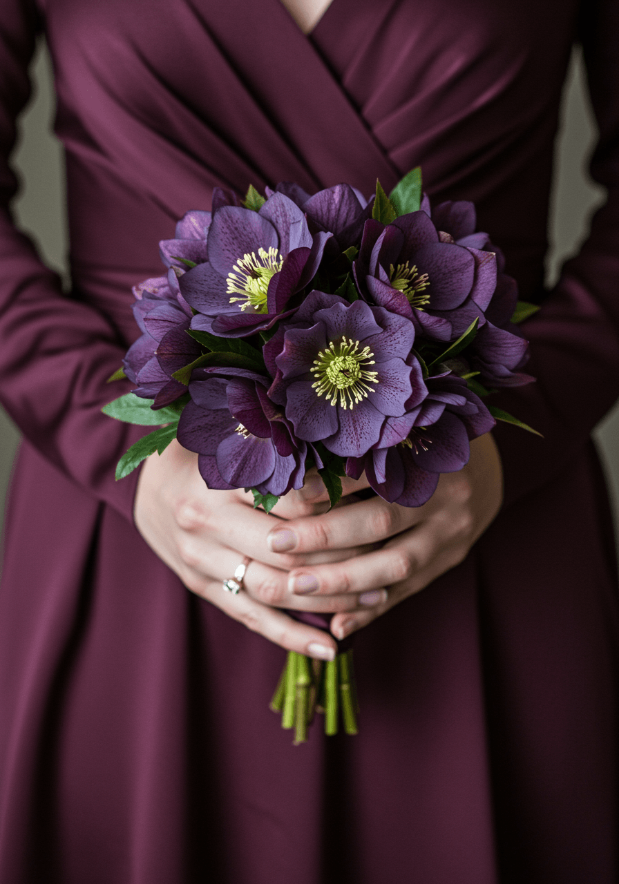 Close-up of hands adjusting compact plum hellebore bouquet against rich dark plum silk doupioni dress in bridal suite morning preparation