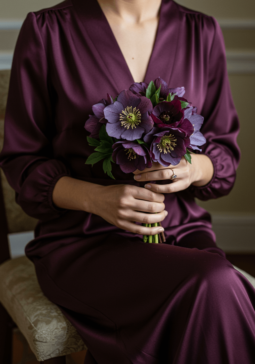 Detail shot of hands in plum doupioni sleeves holding burgundy hellebore bouquet showing dark flower centres and lustrous silk texture