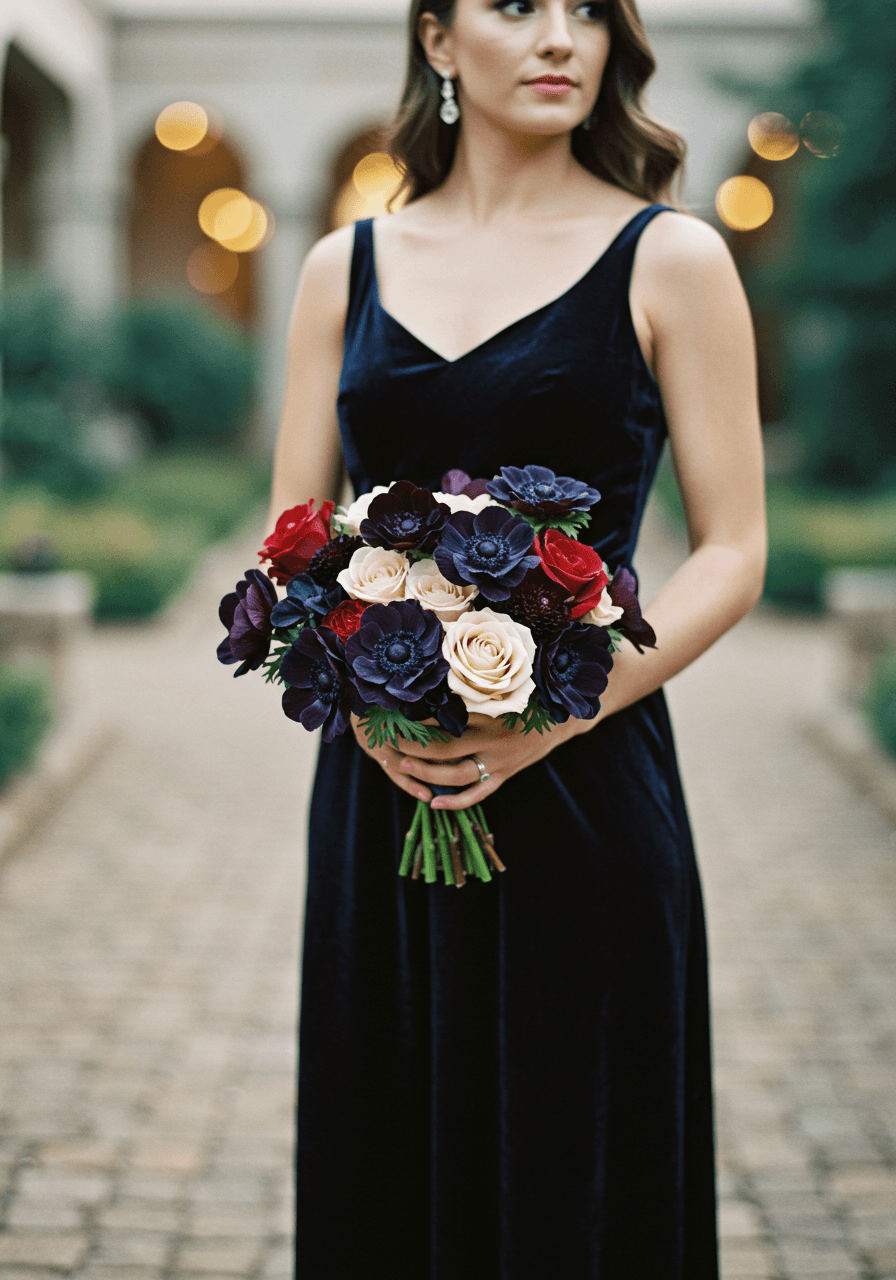 Bridesmaid in navy silk velvet gown holding midnight navy anemone bouquet in garden courtyard during golden hour