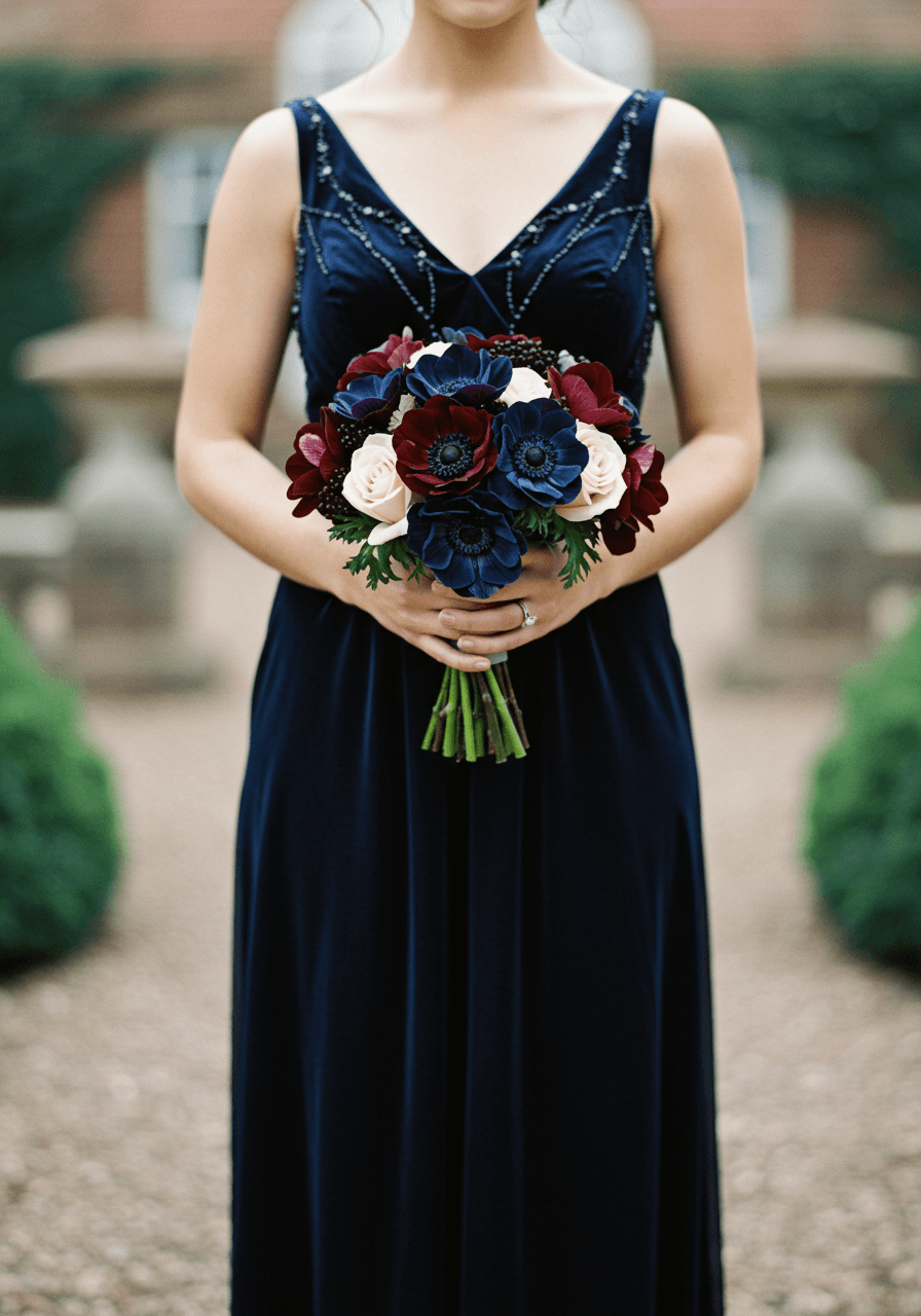 Low angle view of bridesmaid in navy velvet dress with dramatic anemone bouquet in romantic garden setting