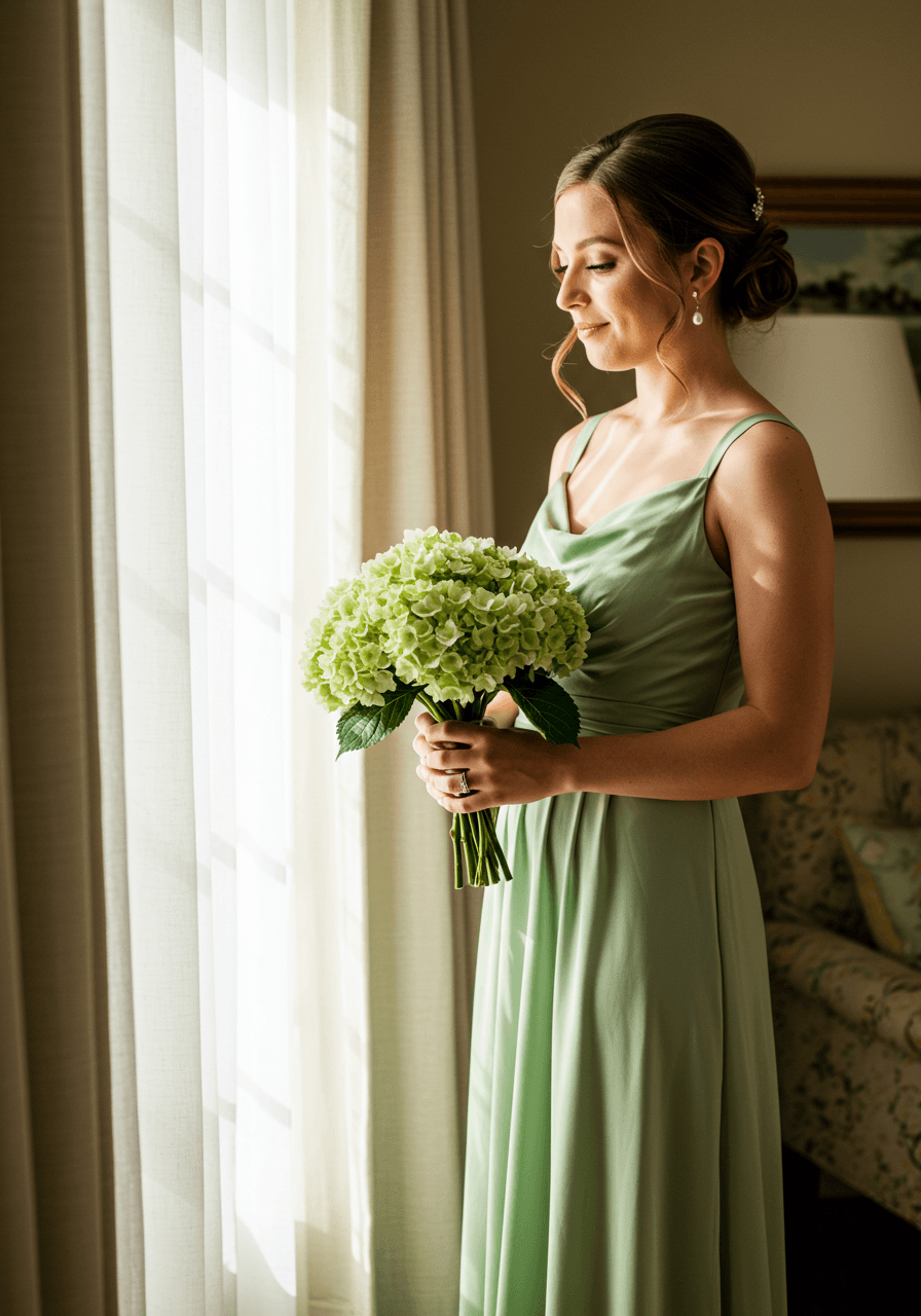 Bridesmaid holding sage hydrangea bouquet near sunlit window in bridal suite wearing matching silk charmeuse dress