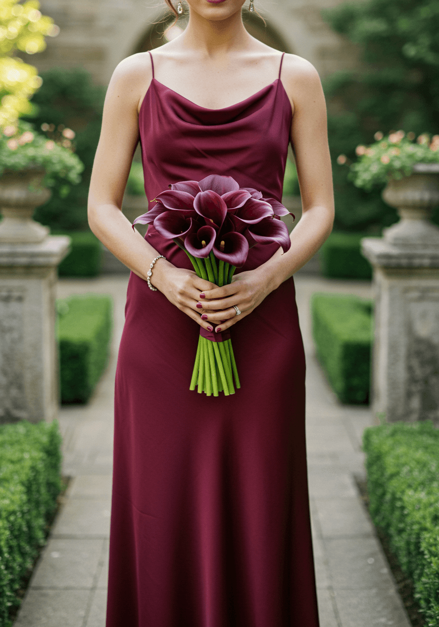 Bridesmaid in wine-toned liquid satin dress holding deep burgundy calla lily bouquet in garden courtyard during afternoon light