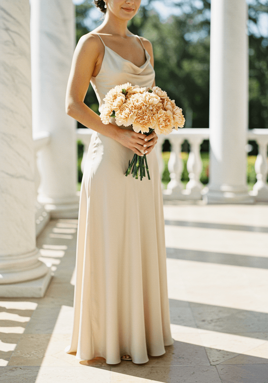 Bridesmaid wearing champagne silk charmeuse dress holding lush champagne carnation bouquet in sunlit garden pavilion during late afternoon