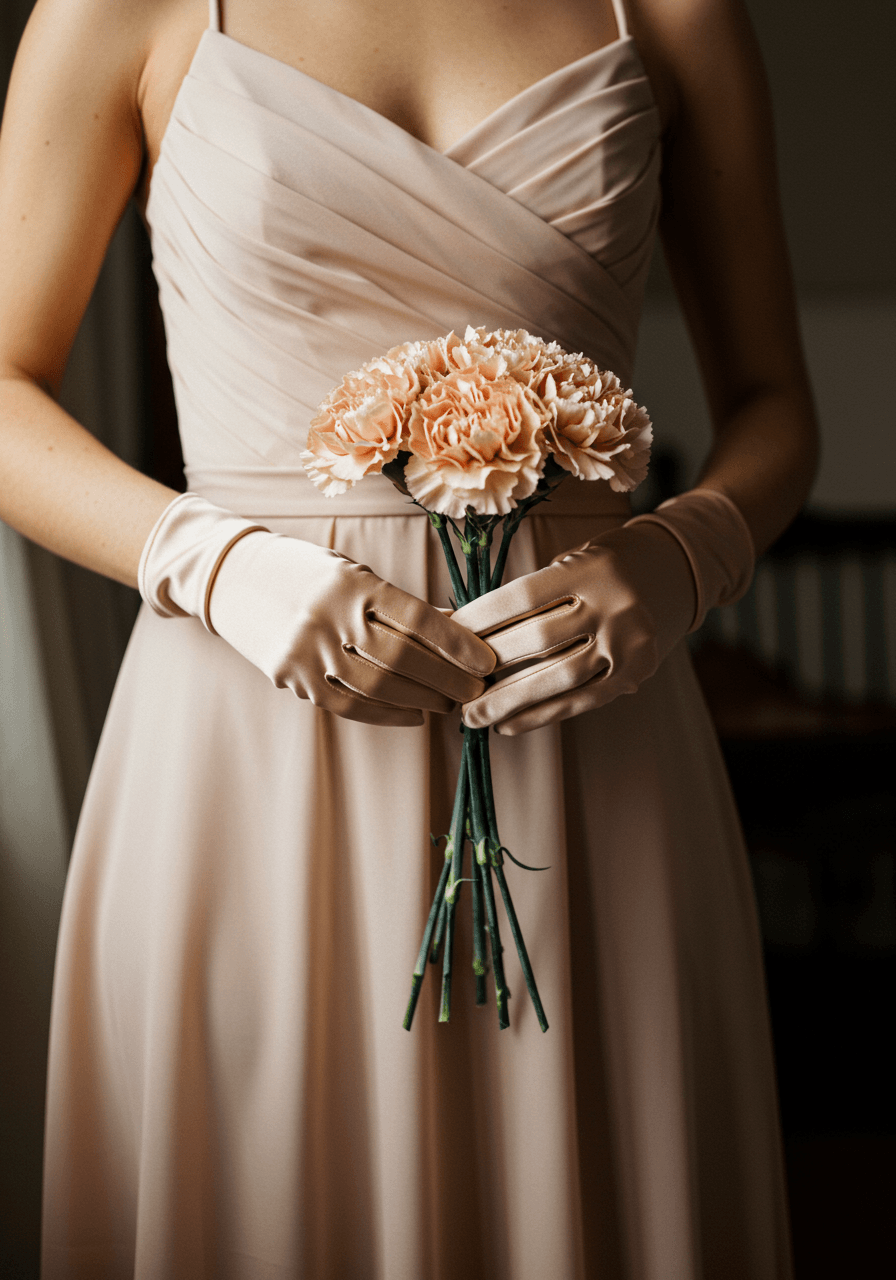 Low angle torso shot showing champagne carnation bouquet against flowing silk charmeuse bridesmaid dress with elegant draping