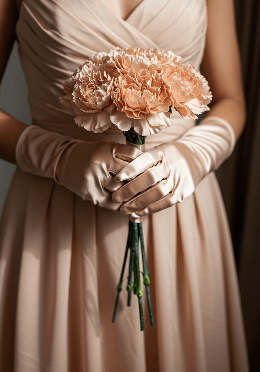 Macro detail of hands in champagne silk charmeuse gloves holding compact carnation bouquet against matching dress fabric in morning light