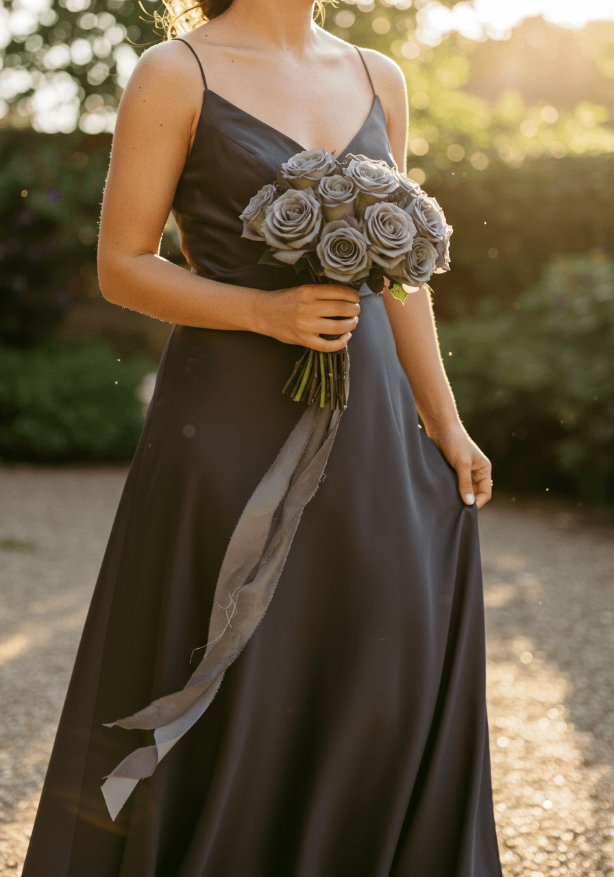 Low angle full body portrait of bridesmaid wearing charcoal gazar gown with dramatic grey rose bouquet in garden pavilion setting