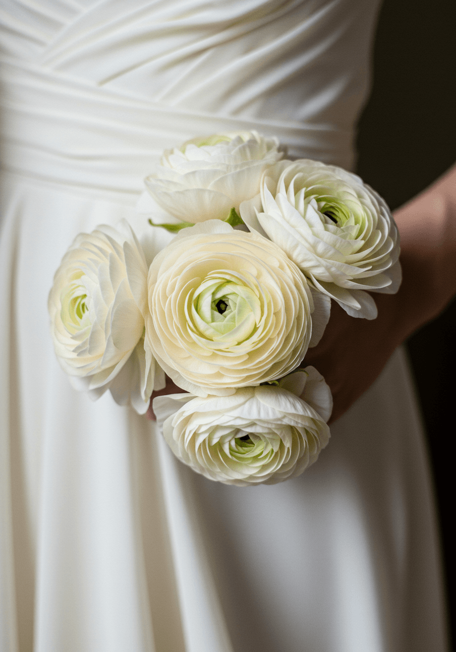 Extreme close-up of cream butterfly ranunculus blooms against heavy silk georgette fabric showing layered petals and fabric weave