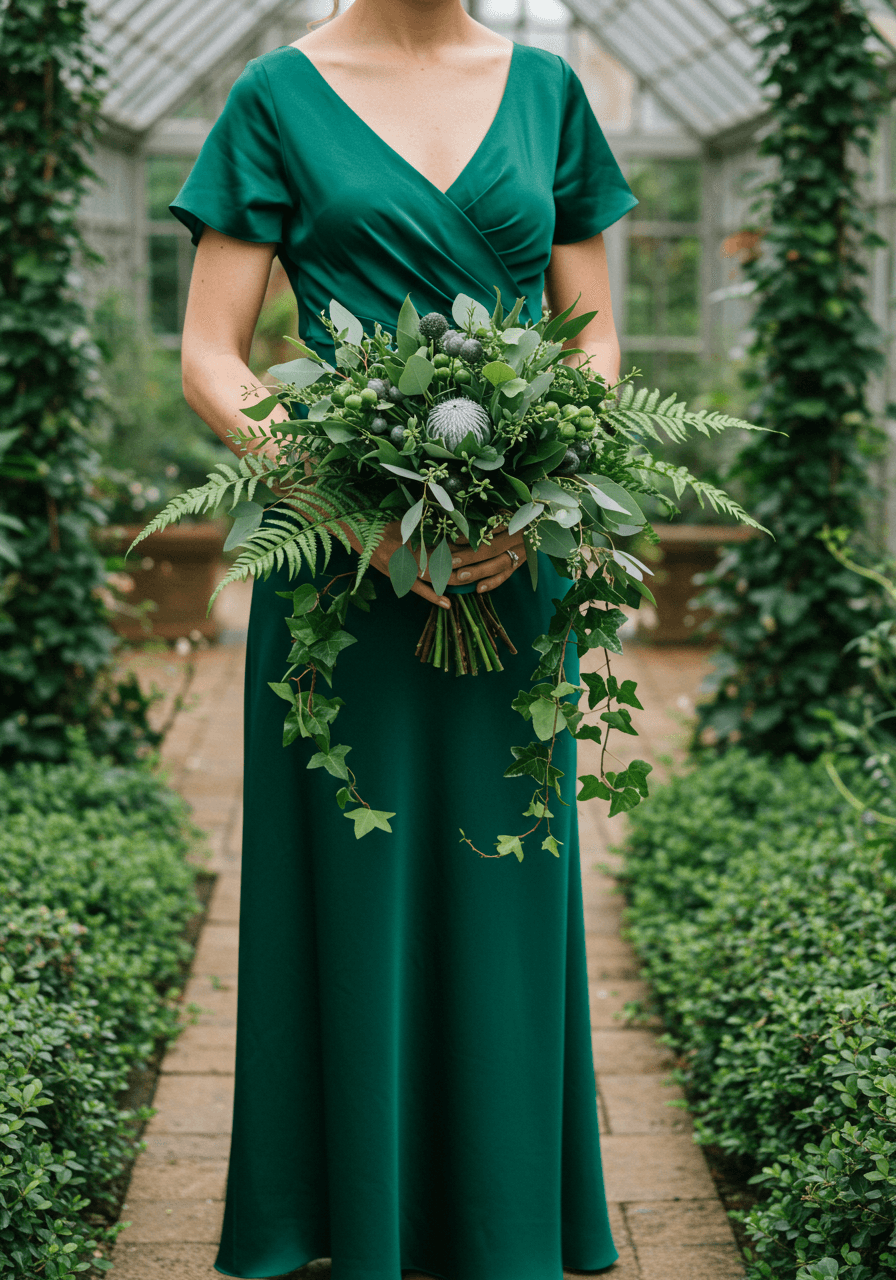 Bride holding lush emerald foliage bouquet with eucalyptus and ferns wearing emerald silk faille dress in garden conservatory