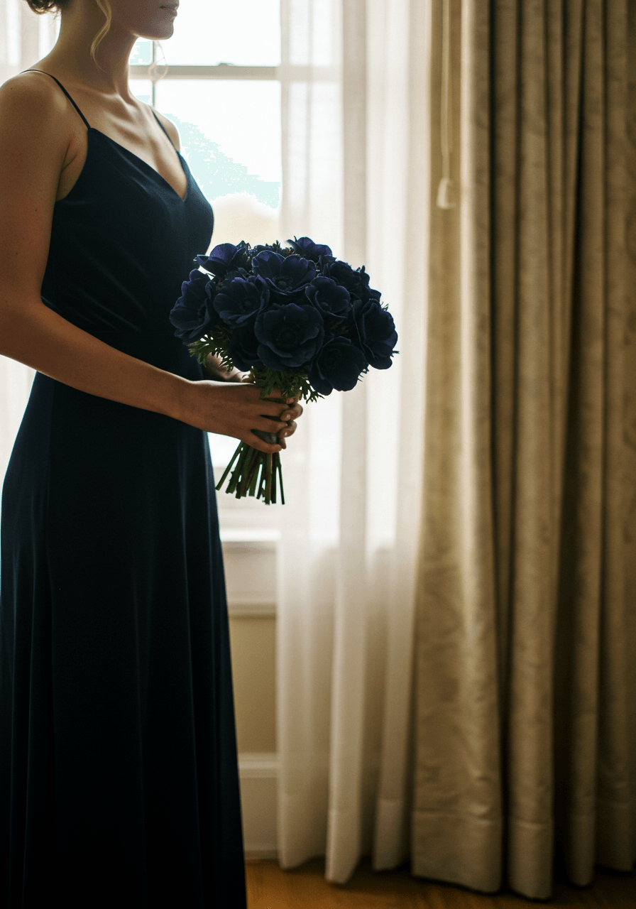 Bridesmaid holding navy anemone bouquet in bridal suite with tall windows wearing silk velvet dress during golden hour