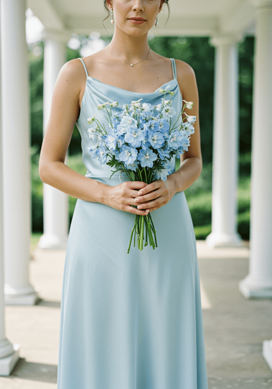Bridesmaid holding pale blue delphinium bouquet in sunlit garden pavilion wearing icy blue silk taffeta dress