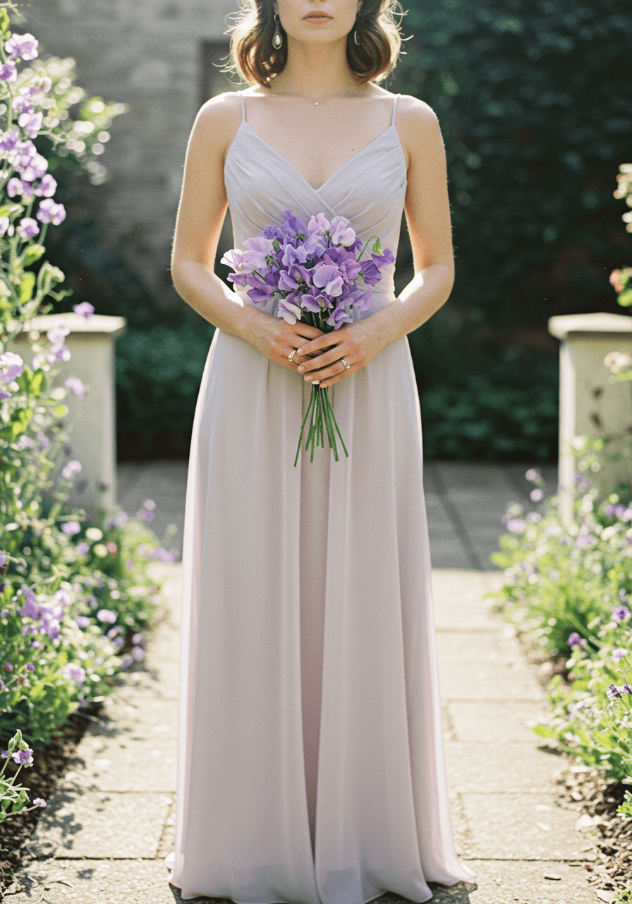 Low angle full portrait of bridesmaid wearing lavender chiffon gown with sweet pea bouquet in romantic garden pathway setting