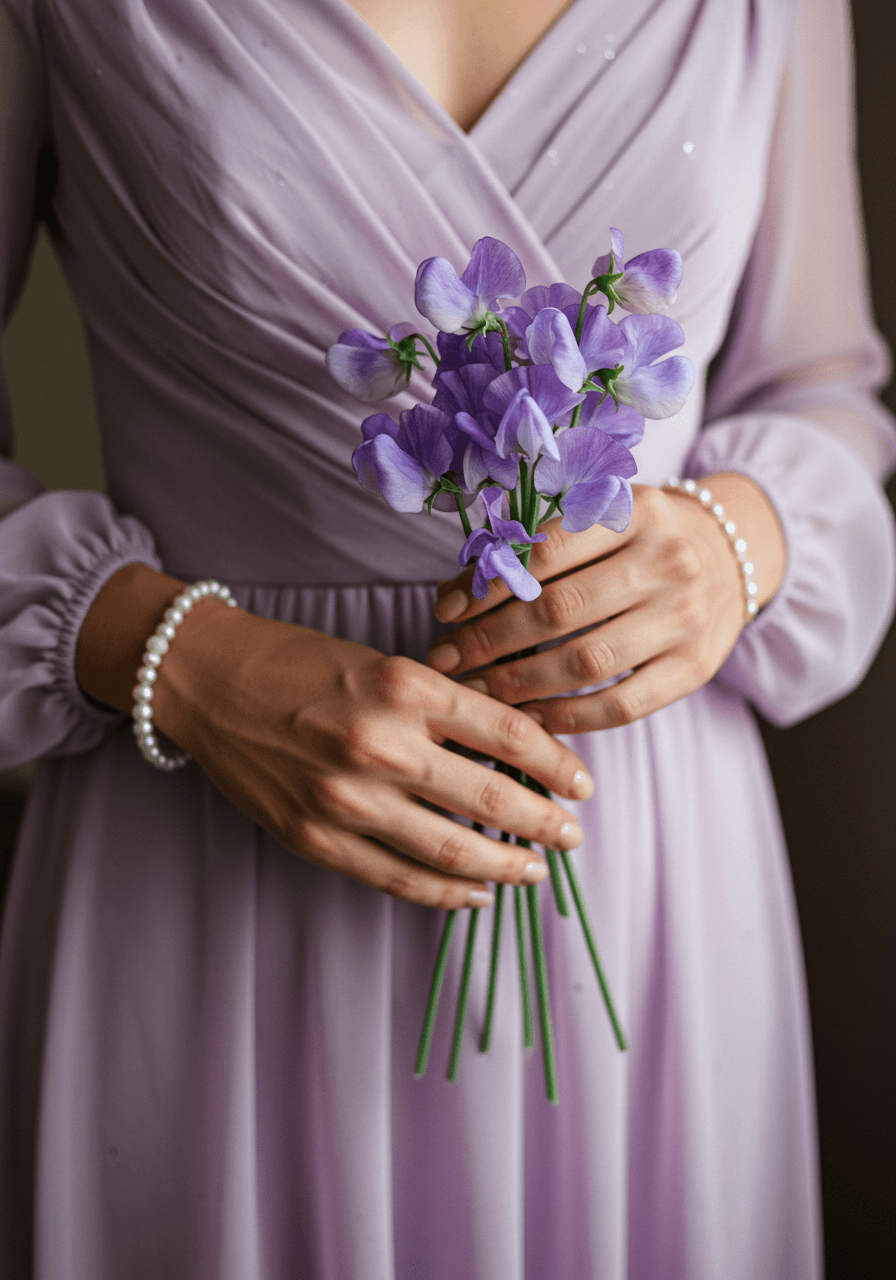 Close-up of hands in pale lavender silk chiffon sleeves gently holding fresh lavender sweet pea bunch in bridal suite afternoon light