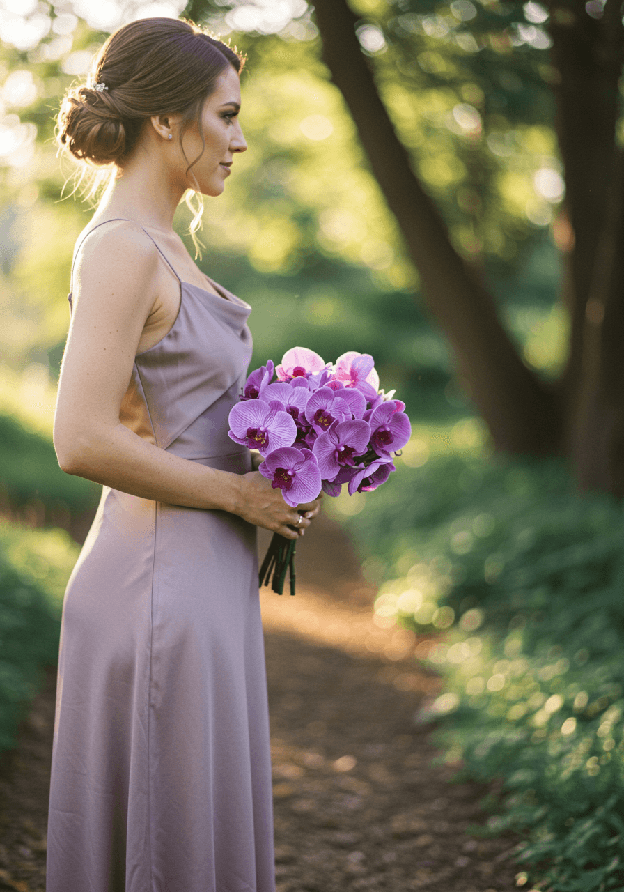 Bridesmaid wearing mauve silk satin dress holding delicate mauve orchid bouquet in romantic garden with dappled morning light