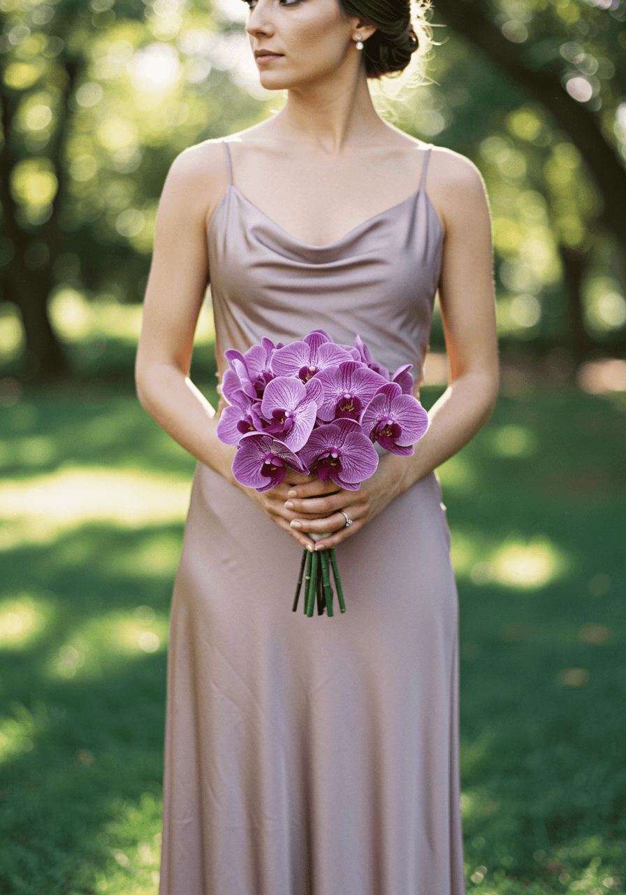 Low angle full portrait of bridesmaid in mauve silk satin gown with cascading mauve orchid bouquet in garden setting