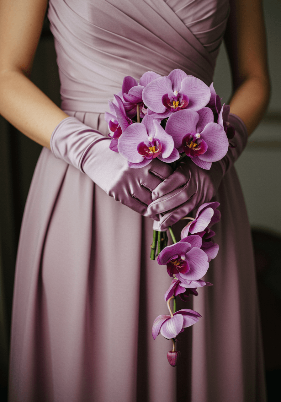 Close-up of hands in mauve silk satin gloves holding cascading mauve orchid bouquet against matching dress fabric in soft light