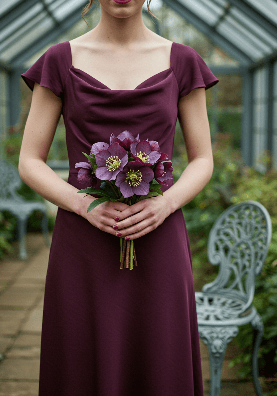 Bridesmaid seated in rich dark plum silk doupioni dress holding burgundy plum hellebore bouquet in garden conservatory afternoon light