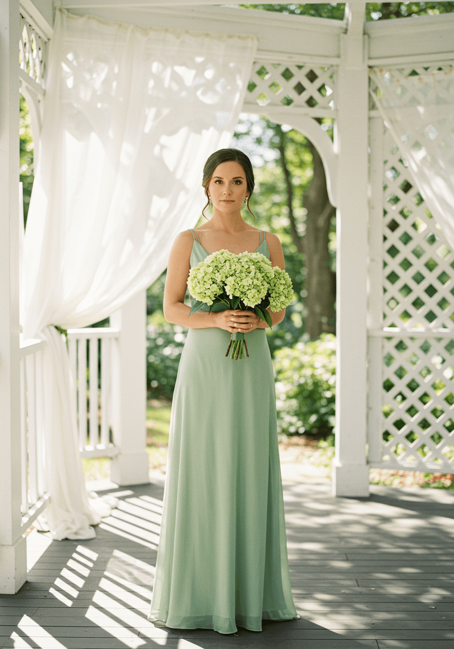 Bridesmaid in sage green silk charmeuse gown holding lush hydrangea bouquet in sunlit garden pavilion during golden hour