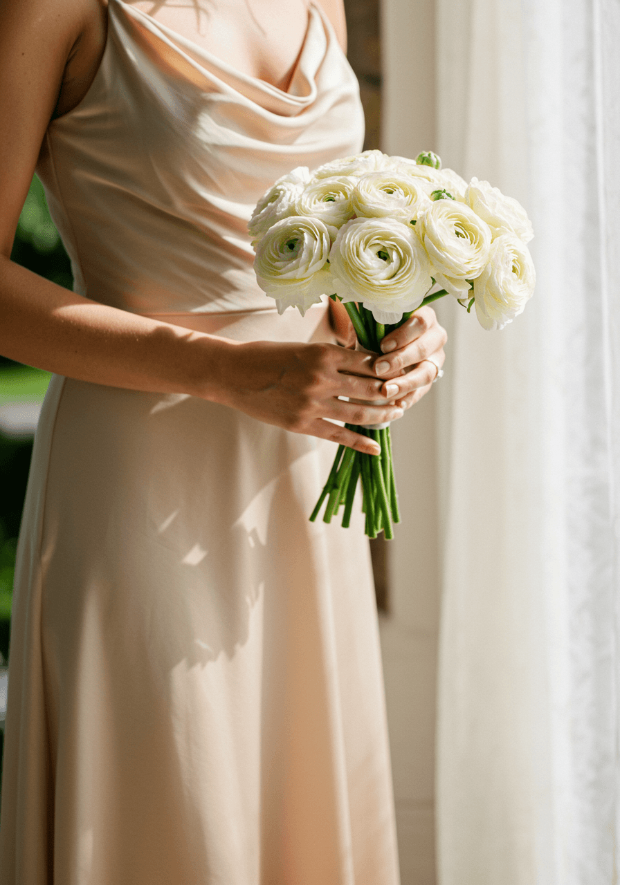 Low angle detail of bridesmaid adjusting champagne ranunculus bouquet showing heavy silk georgette fabric drape and movement